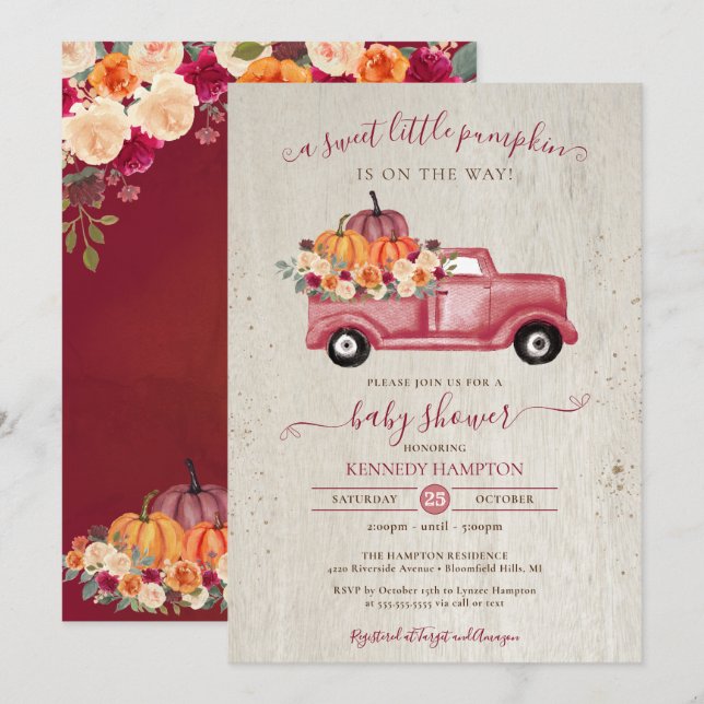 Little Pumpkin Red Fall Pickup Lastbil Baby Shower Inbjudningar (Fram/baksida)