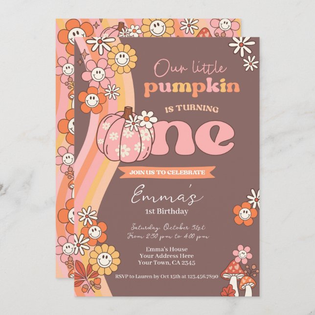 Little Pumpkin Retro 1st Birthday Invitation Inbjudningar (Fram/baksida)