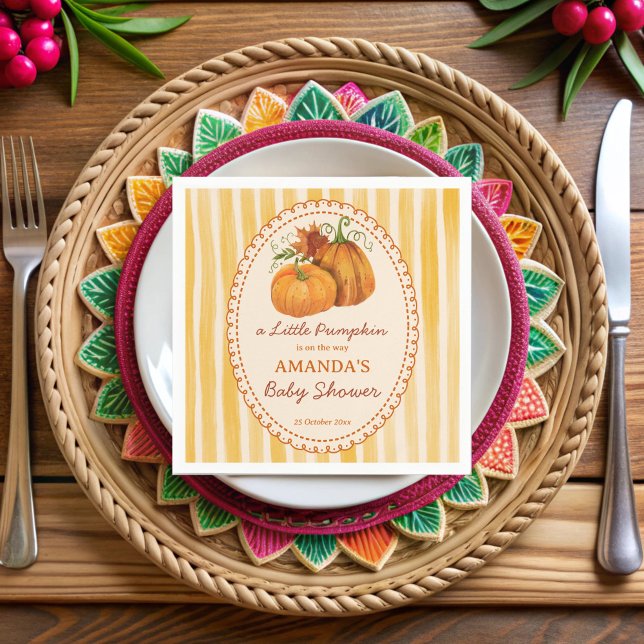Little pumpkin retro stripes baby shower monogram pappersservett (Little pumpkin retro yellow stripes fall baby shower monogrammed printed  napkins)