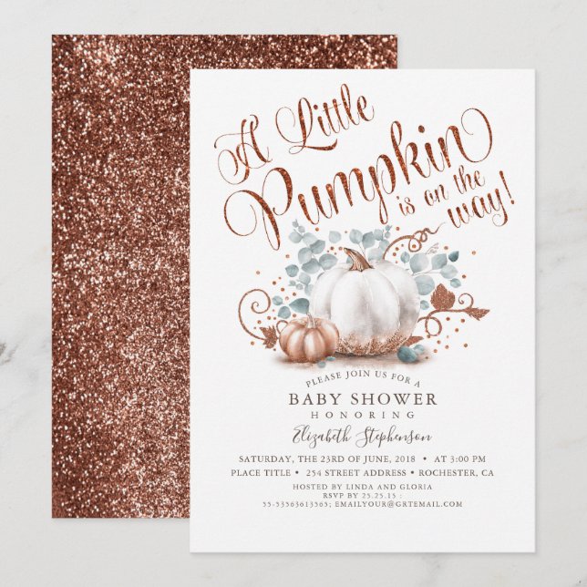 Little Pumpkin Ro Guld Glitter Fall Baby Shower Inbjudningar (Fram/baksida)