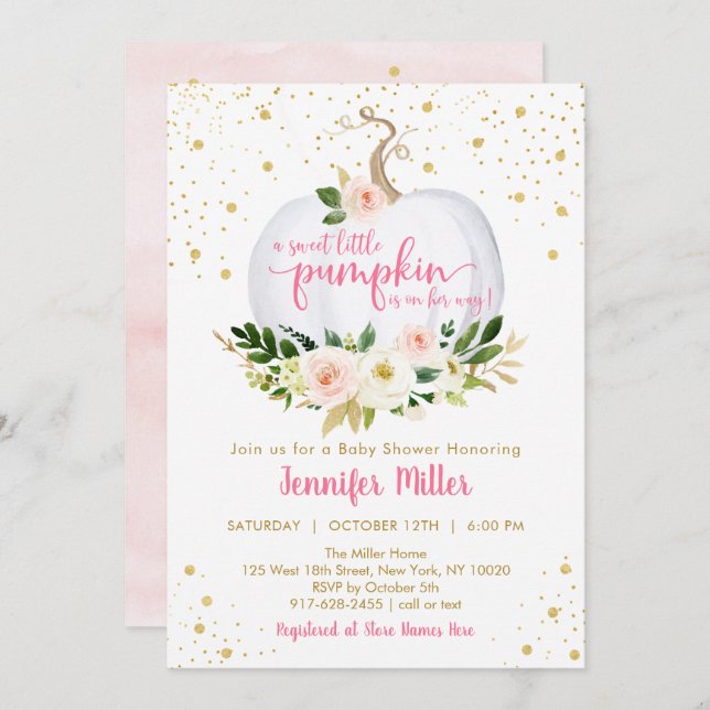 Little Pumpkin Rosa Blommigt Baby Shower Inbjudningar (Fram/baksida)