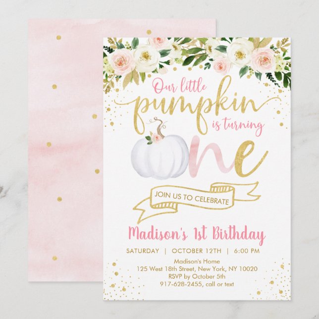 Little Pumpkin Rosa Blommigt First Birthday Inbjudningar (Fram/baksida)