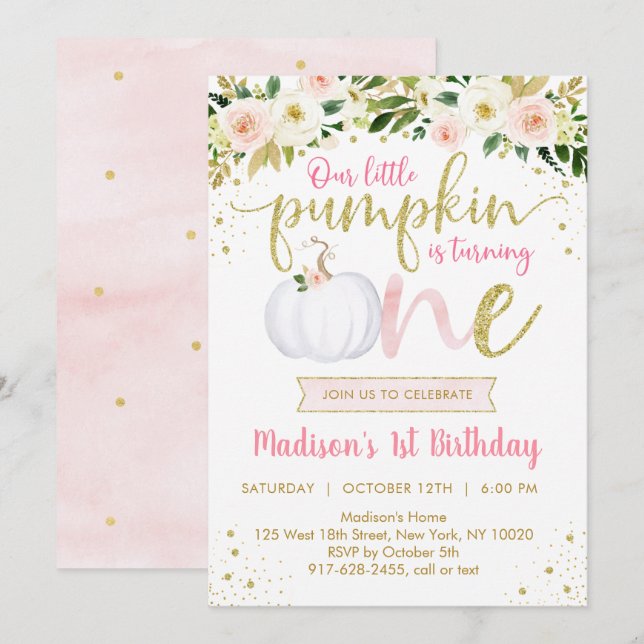 Little Pumpkin Rosa Blommigt First Birthday Inbjudningar (Fram/baksida)