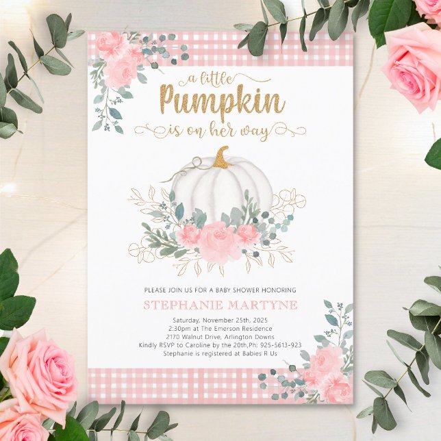 Little Pumpkin Rosa Blommigt Gingham Baby Shower Inbjudningar (Skapare uppladdad)