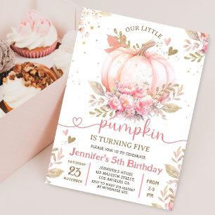 Little Pumpkin Rosa Blommigt Girl Fall 5th Birth Inbjudningar