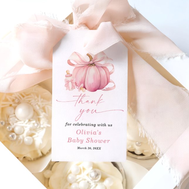 Little Pumpkin Rosa Bow Baby Shower Tack Presentetikett (Skapare uppladdad)