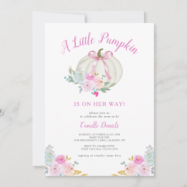 Little Pumpkin Rosa Bow Girl Baby Shower Inbjudningar (Framsida)