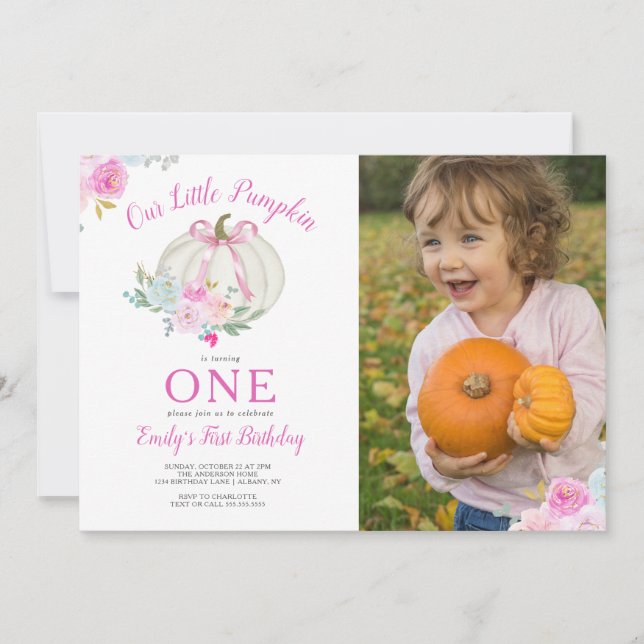 Little Pumpkin Rosa Bow Girls First Birthday Photo Inbjudningar (Framsida)