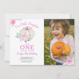 Little Pumpkin Rosa Bow Girls First Birthday Photo Inbjudningar