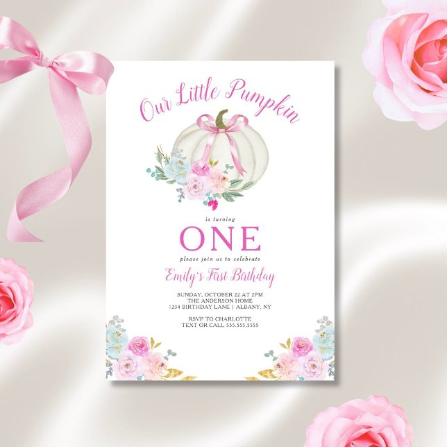 Little Pumpkin Rosa Bow Girls Första födelsedag Inbjudningar (Skapare uppladdad)
