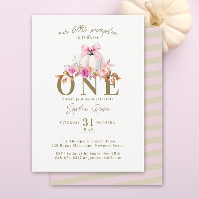 Little Pumpkin Rosa Bow Ro 1:a Eleganten Birday Inbjudningar (our pumpkin is turning one girl 1st birthday party invitation pink bow roses elegant floral boho)