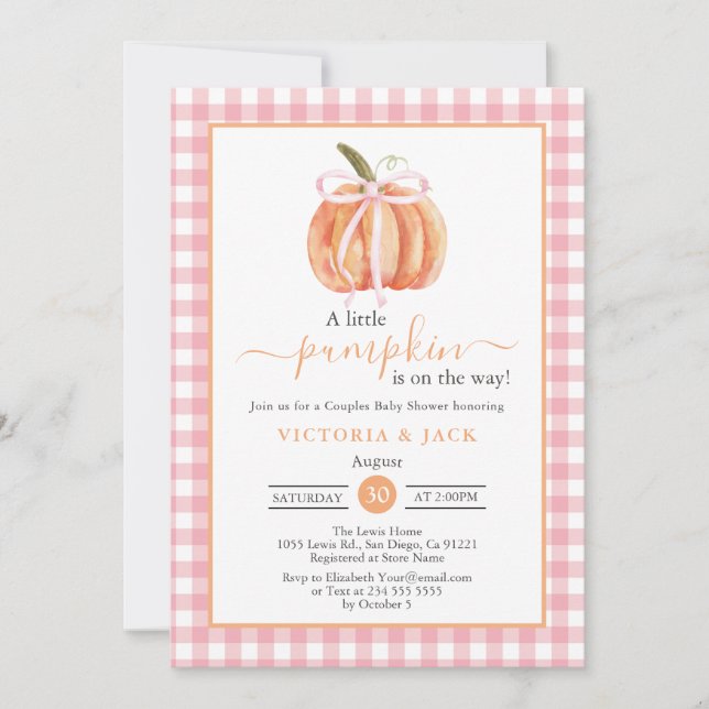 Little Pumpkin Rosa Gingham Fall Baby Shower Inbjudningar (Framsida)