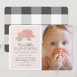 Little Pumpkin Rosa Gingham Photo 1st Birthday Inbjudningar