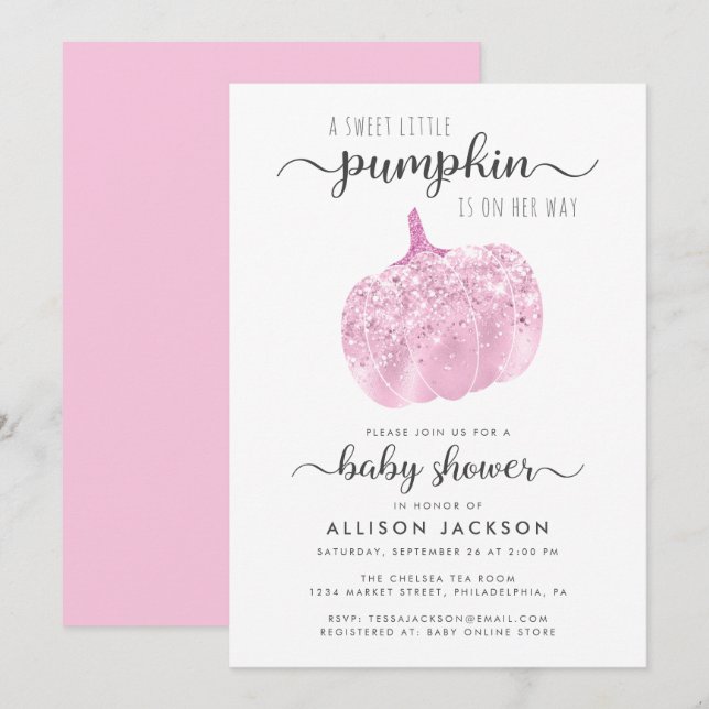 Little Pumpkin Rosa Glitter Gnistra Baby Shower Inbjudningar (Fram/baksida)