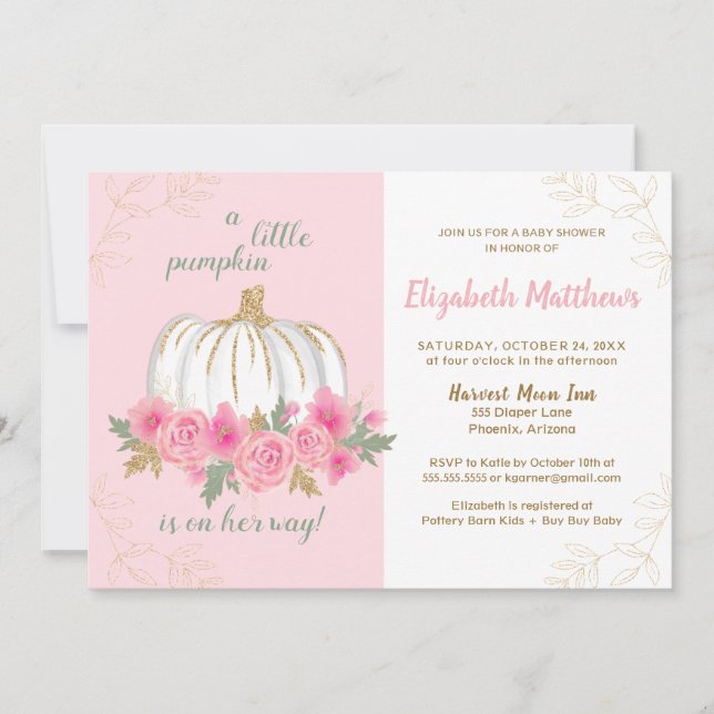Little Pumpkin Rosa Guld Autumn Girl Baby Shower Inbjudningar (Framsida)