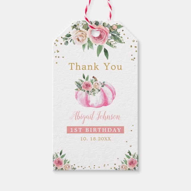 Little Pumpkin Rosa Guld Blommigt 1:a födelsedag f Presentetikett (Framsidan)