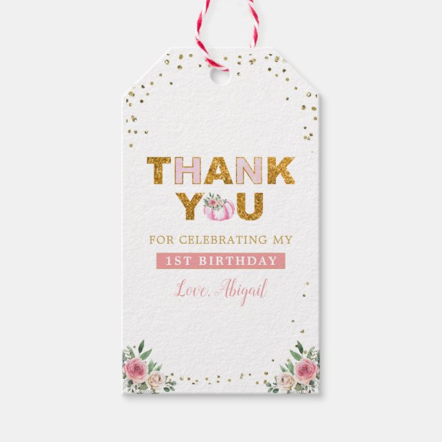 Little Pumpkin Rosa Guld Blommigt Girl Girl 1 Birt Presentetikett (Framsidan)