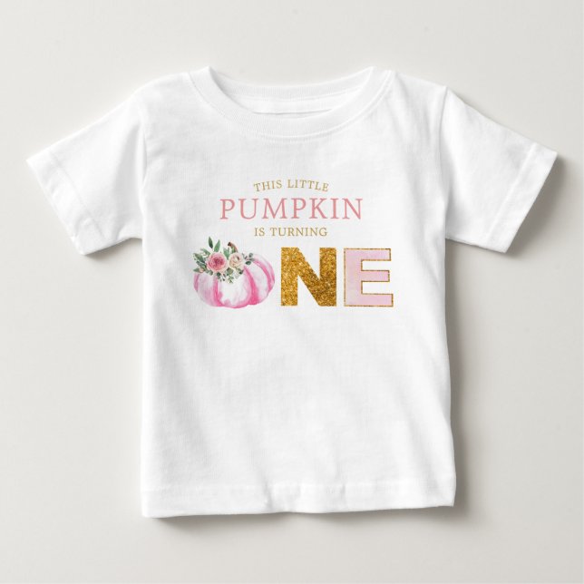 Little Pumpkin Rosa Guld Blommigt Girl Girl 1 Birt T Shirt (Framsida)