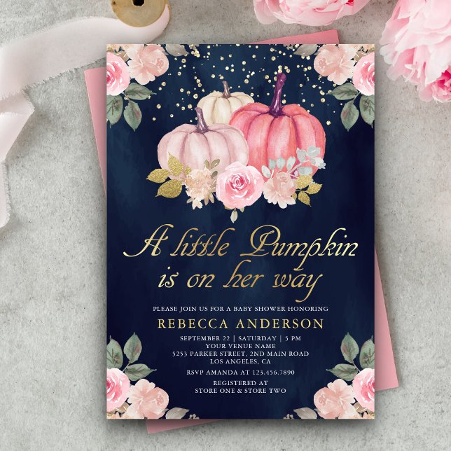 Little Pumpkin Rosa Guld Blommigt Navy Baby Shower Inbjudningar (Skapare uppladdad)