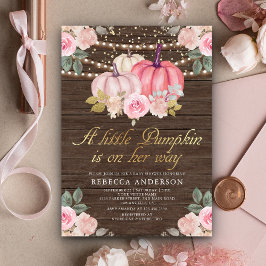 Little Pumpkin Rosa Guld Blommigt Wood Baby Shower Inbjudningar