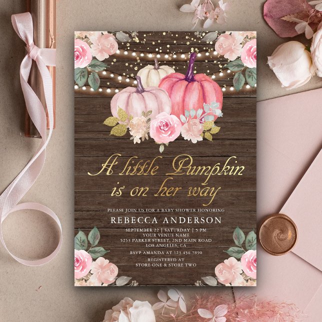 Little Pumpkin Rosa Guld Blommigt Wood Baby Shower Inbjudningar (Skapare uppladdad)