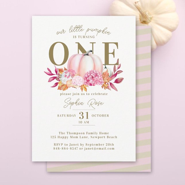 Little Pumpkin Rosa Hydrangea 1:a Eleganten Birthd Inbjudningar (our little pumpkin turning one girl birthday party invitation pink hydrangeas watercolor fall leaves)