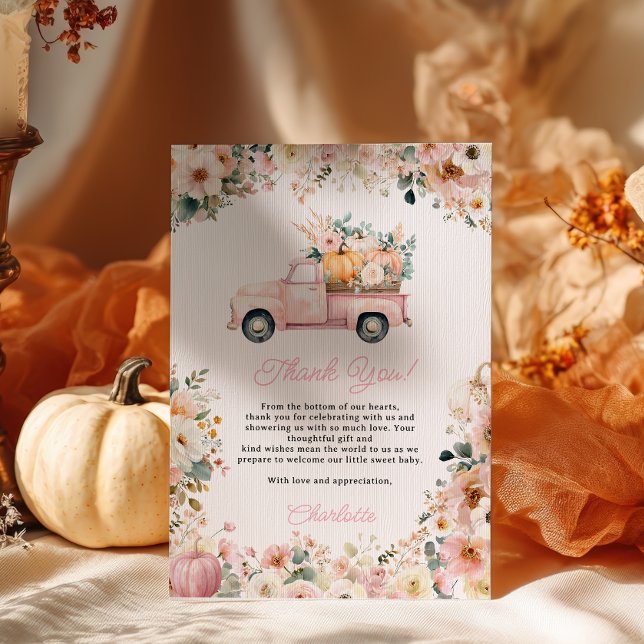 Little Pumpkin Rosa Lastbil Fall Blommigt Baby Sho Tack Kort (Little Pumpkin Pink Truck Fall Floral Baby Shower Thank You Card)