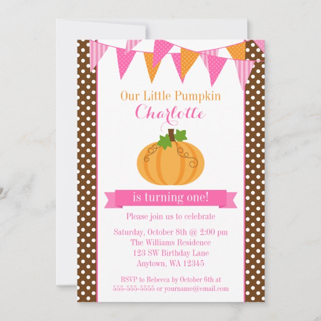 Little Pumpkin Rosa Orange Bunting Girl Birthday Inbjudningar (Framsida)