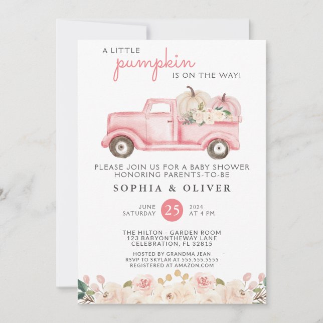 Little Pumpkin Rosa Par Baby Shower Inbjudningar (Framsida)
