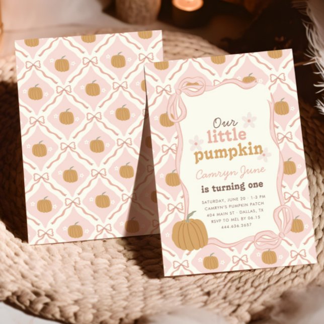 Little Pumpkin Rosa Preppy Coquette 1:a födelsedag Inbjudningar (Skapare uppladdad)