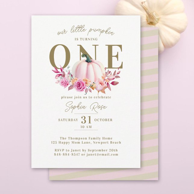Little Pumpkin Rosa ros 1:a Eleganten Birthday Inbjudningar (little pumpkin turning one girl first birthday party invitation pink roses watercolor elegant boho)