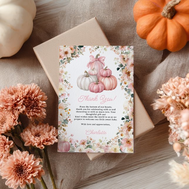 Little Pumpkin Rosa Stack Fall Blommigt Baby Showe Tack Kort (Little Pumpkin Pink Stack Fall Floral Baby Shower Thank You Card)