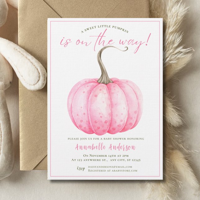 Little Pumpkin Rosa Vattencolor Girl Baby Shower Inbjudningar (Little Pumpkin Pink watercolor Girl Baby Shower Invitation)