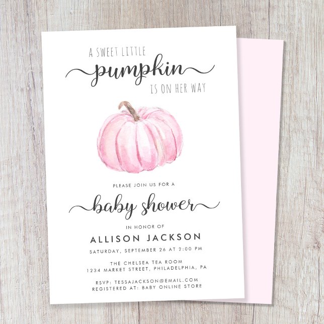 Little Pumpkin Rosa Watercolor Flicka Shower Inbjudningar (Celebrate the upcoming arrival of your sweet little autumn baby with a pumpkin-themed baby shower)