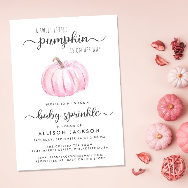 Little Pumpkin Rosa Watercolor Flicka Sprinkle Inbjudningar (Celebrate the upcoming arrival of your sweet little autumn baby with a pumpkin-themed baby sprinkle)