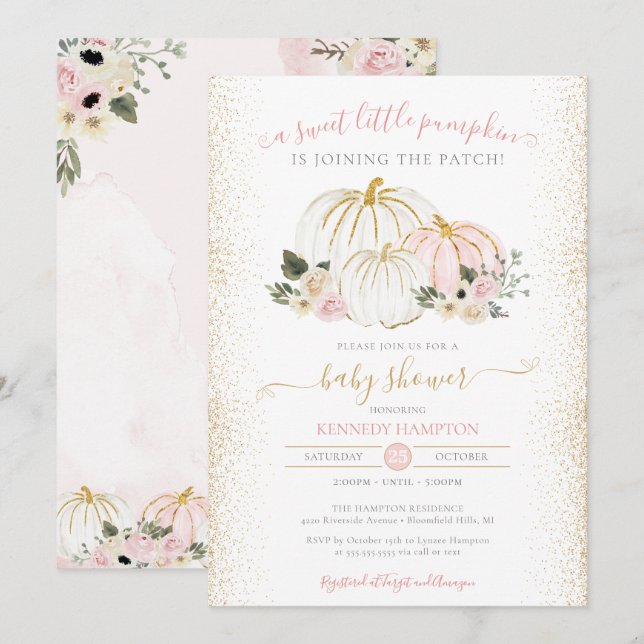 Little Pumpkin Rosa White Guld Girl Baby Shower Inbjudningar (Fram/baksida)