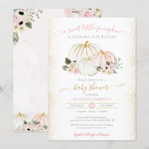 Little Pumpkin Rosa White Guld Girl Baby Shower Inbjudningar