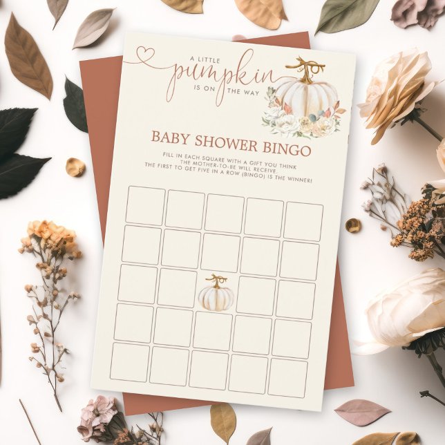 Little Pumpkin Rustic Bingo Shower Games (A soon-to-be mom will love this watercolor autumn pumpkin floral design bingo baby shower card.)