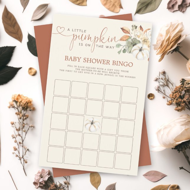 Little Pumpkin Rustic Blommigt Bingo Shower Games (A soon-to-be mom will love this watercolor autumn pumpkin floral design bingo baby shower card.)
