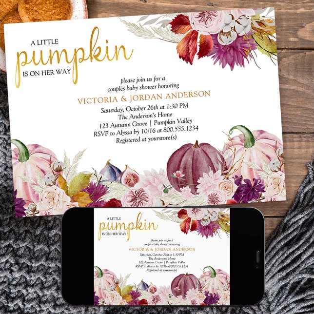 Little Pumpkin Rustic Blommigt Par Baby Shower Inbjudningar (Fall baby shower with pink pumpkins and autumn theme from my Little Pumpkin collection)