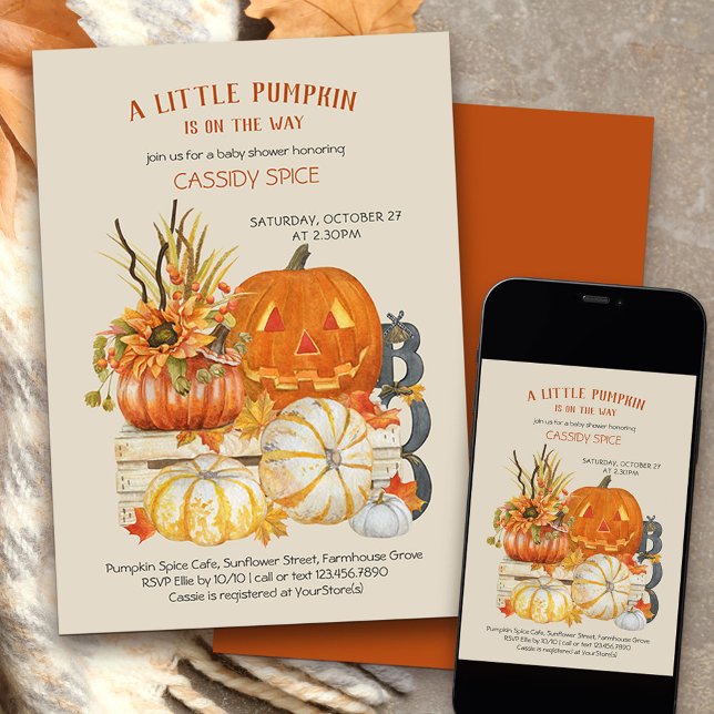 Little Pumpkin Rustic Halloween Baby Shower Inbjudningar (Little Pumpkin on the Way Halloween themed baby shower invitation)