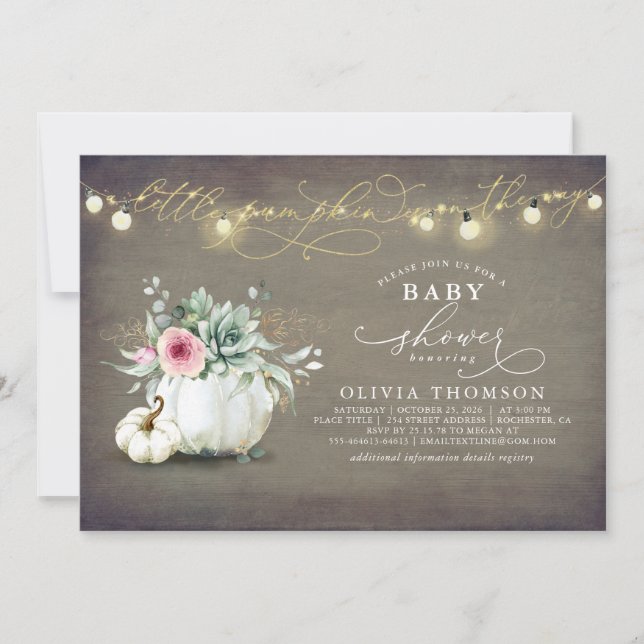 Little Pumpkin Succulents Rustic Fall Baby Shower Inbjudningar (Framsida)