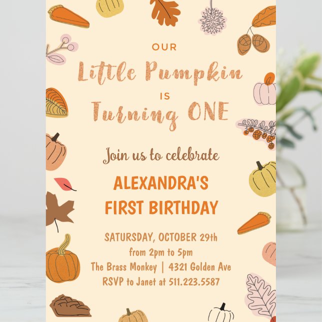 Little Pumpkin Turning One Halloween 1st Birthday Inbjudningar (Halloween-1st-Birthday-Invitation-little-pumpkin-turning-one-1)