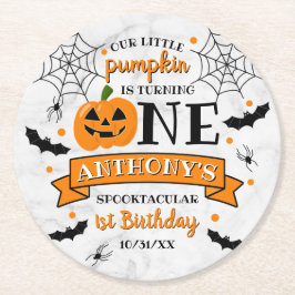 Little Pumpkin Turning One Halloween 1st Birthday Underlägg Papper Rund