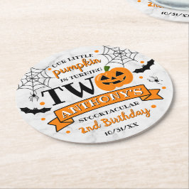 Little Pumpkin Turning Two Halloween 2nd Birthday Underlägg Papper Rund