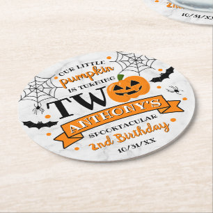 Little Pumpkin Turning Two Halloween 2nd Birthday Underlägg Papper Rund