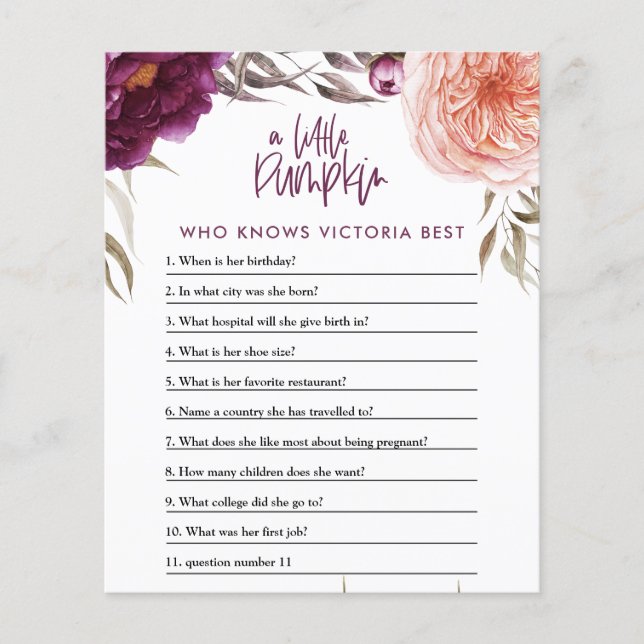 Little pumpkin Vattencolor blommigt babyduschspel  Flygblad (Framsidan)