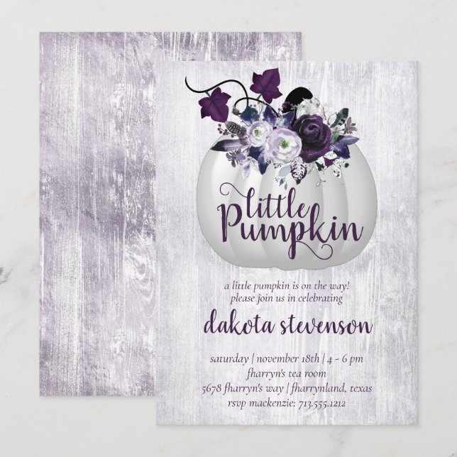 Little Pumpkin | Violet Lila Rustic Baby Shower Inbjudningar (Fram/baksida)