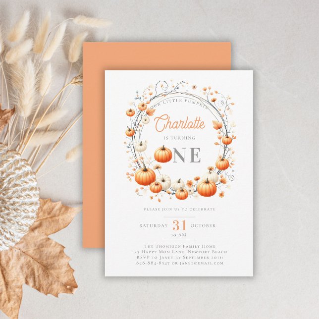 Little Pumpkin Wandan Ram Girly 1st Birthday Inbjudningar (pumpkin 1st birthday invitation girl botanical floral frame watercolor girly cute adorable feminine)