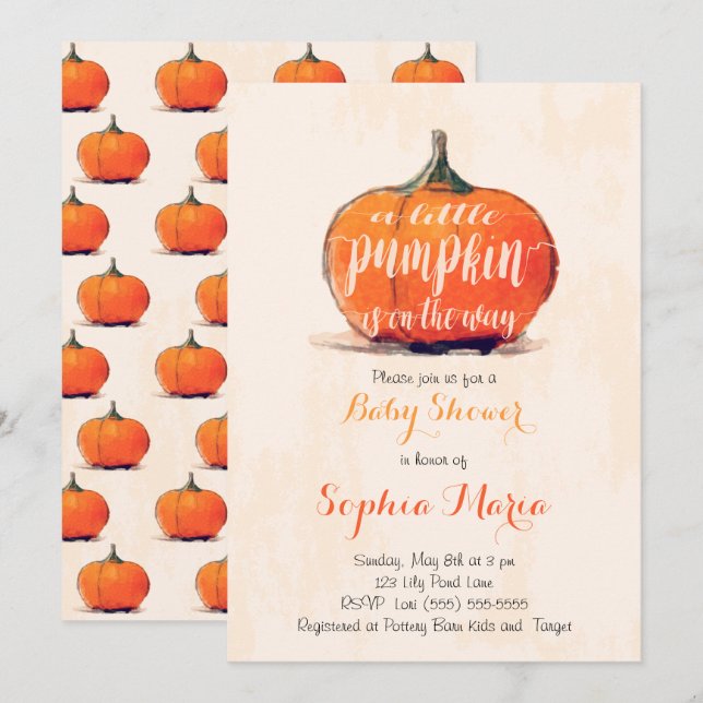 Little Pumpkin Watercolor Baby Shower Inbjudan (Fram/baksida)